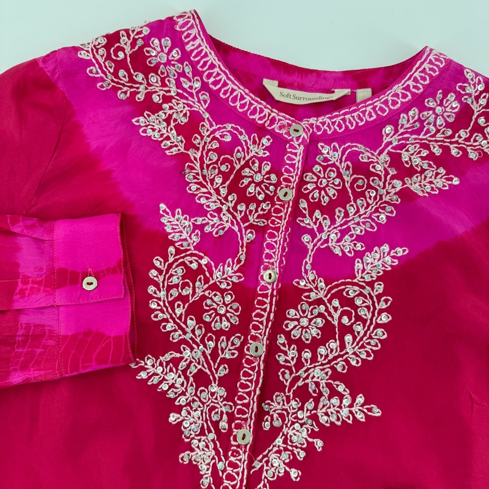 Soft Surroundings Pink Silk Tie Dye Embroidered Sequin Tunic Blouse Medium Boho‎